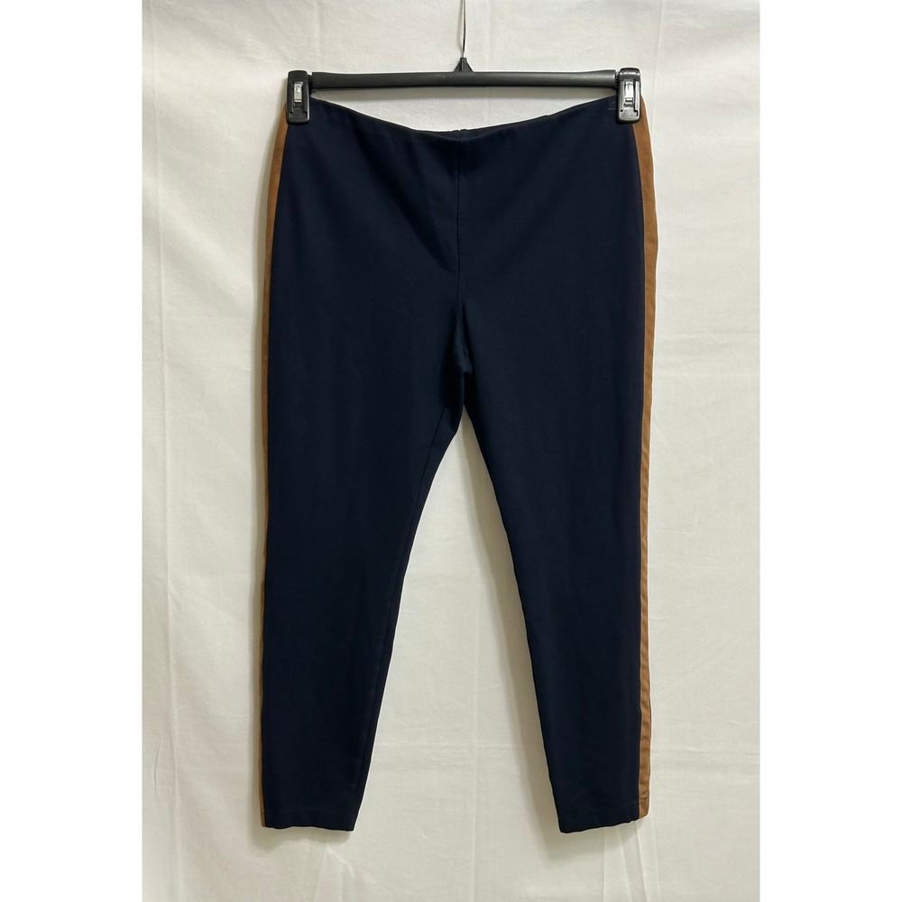 Ralph Lauren L Navy Blue Ponte Tuxedo Stripe Slim Pants Brown Faux Suede Trim